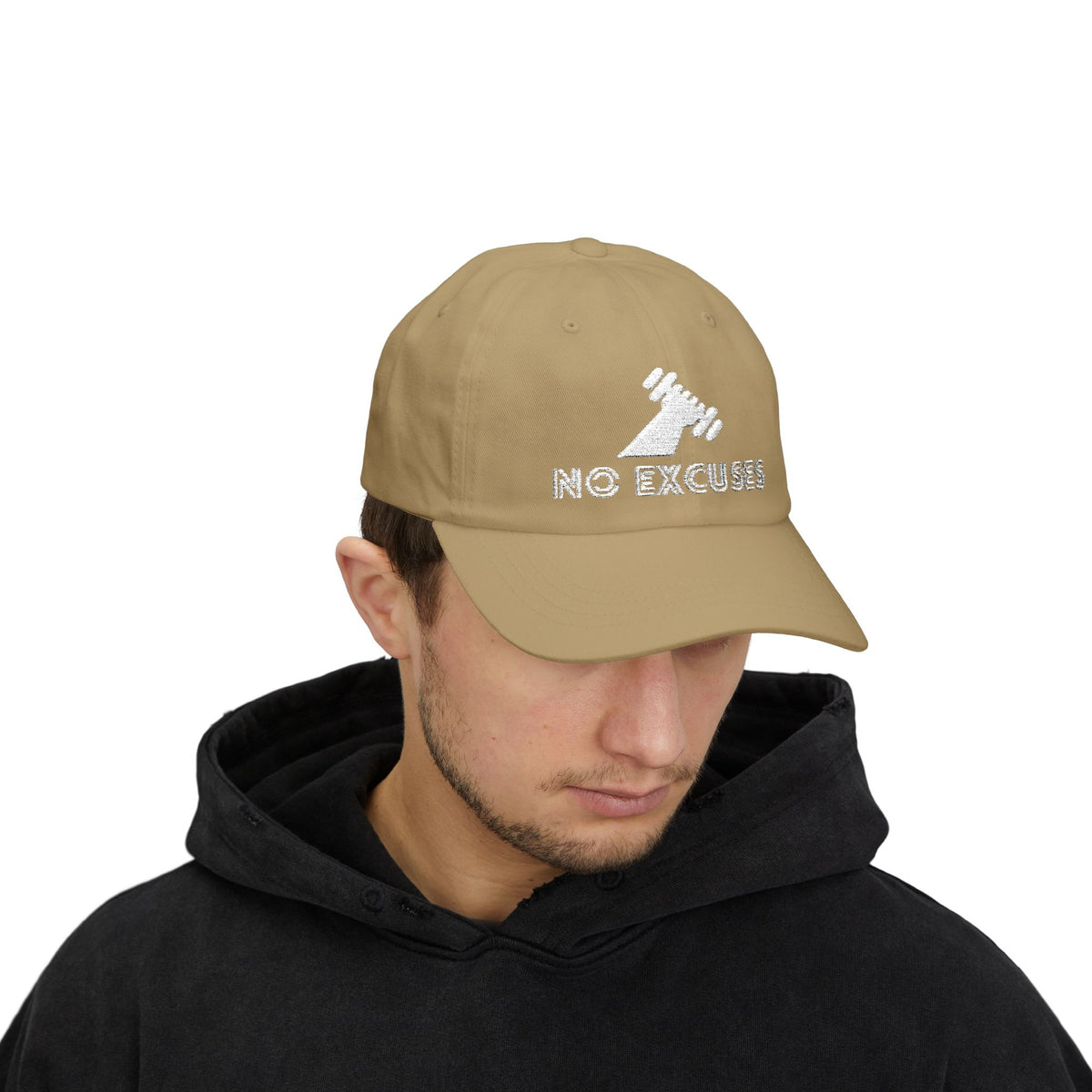 Motivational Fitness Hat with Dumbbell Graphic.