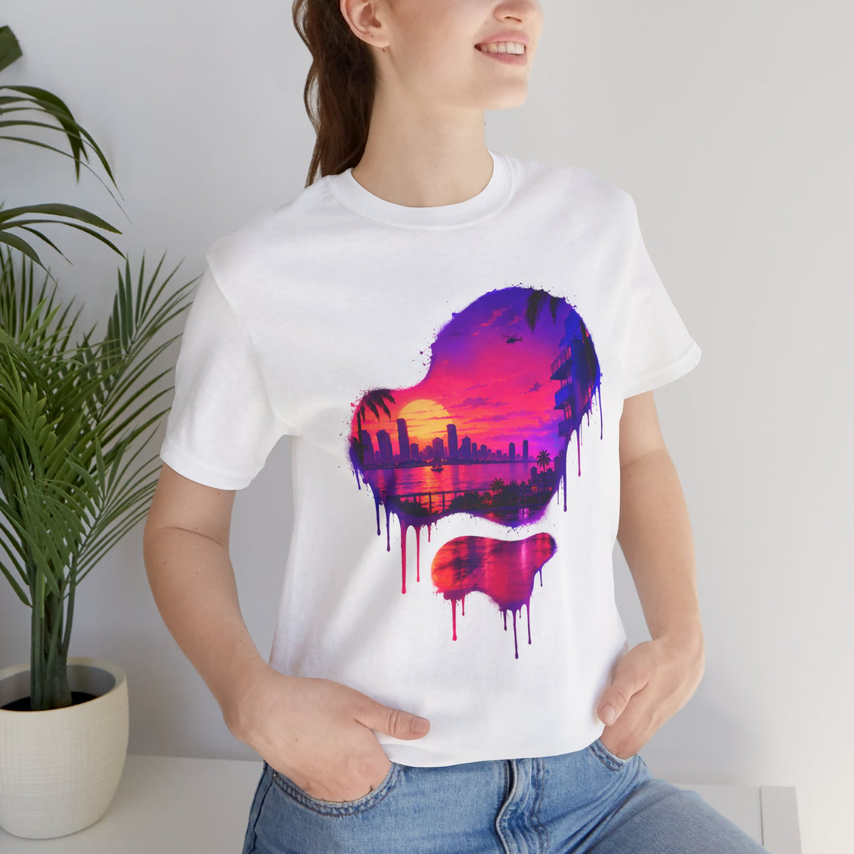 Neon Sunset Dripping Cityscape Graphic Tee.