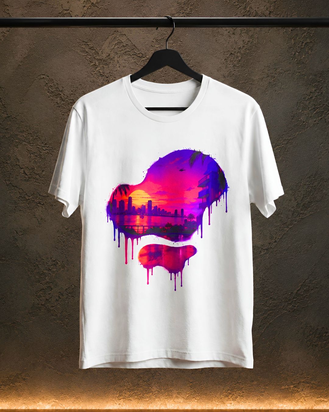 Neon Sunset Dripping Cityscape Graphic Tee.