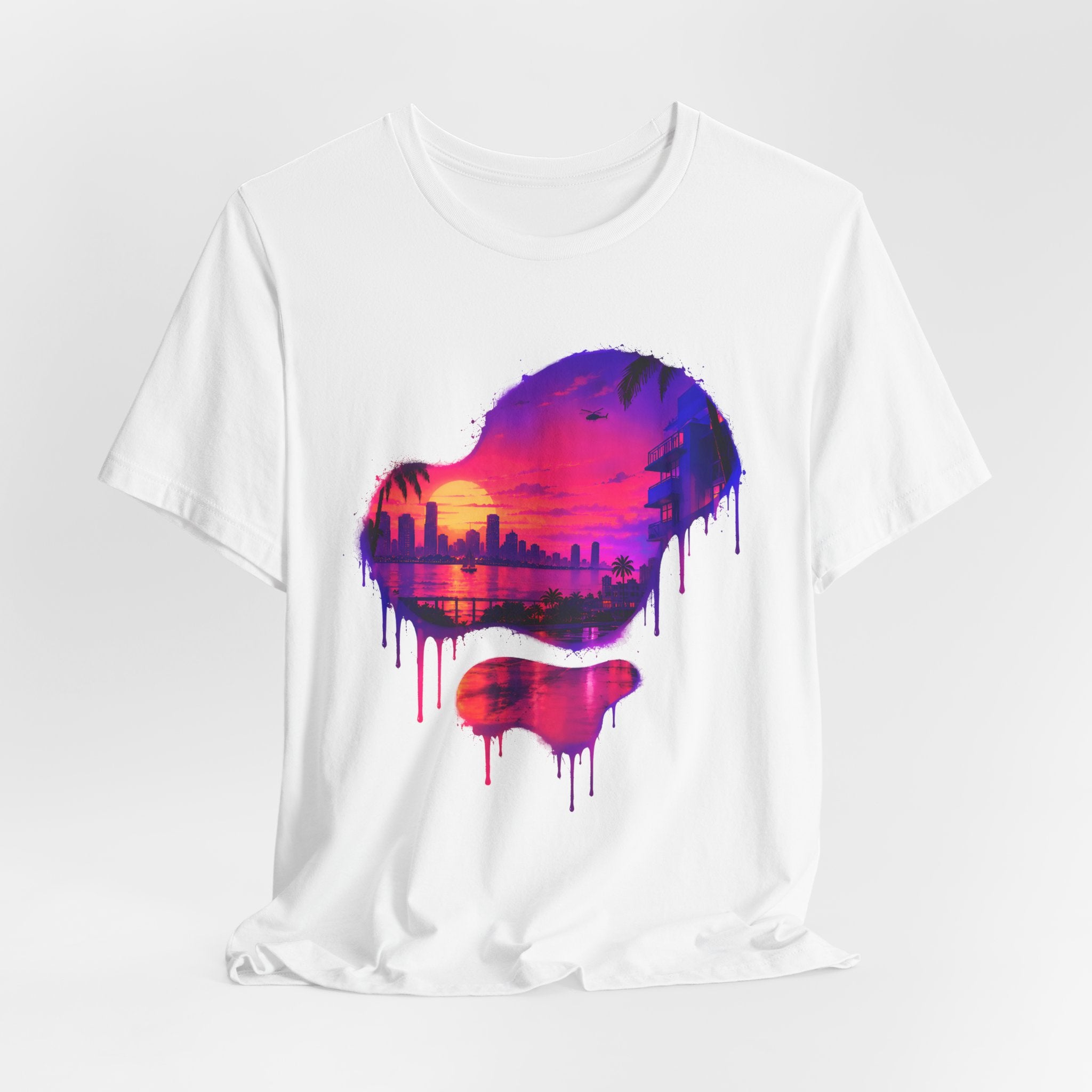 Neon Sunset Dripping Cityscape Graphic Tee.