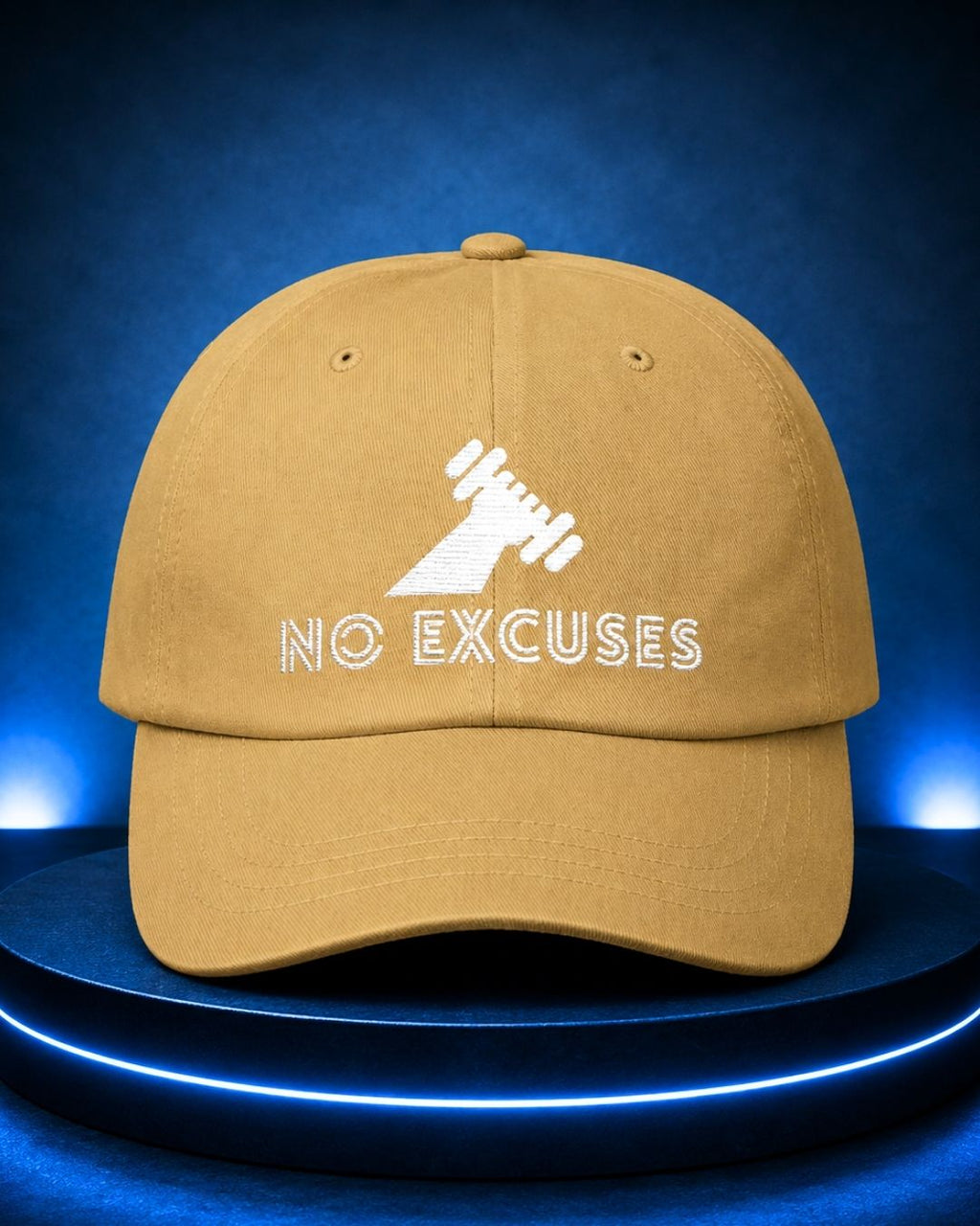 Motivational Fitness Hat with Dumbbell Graphic.