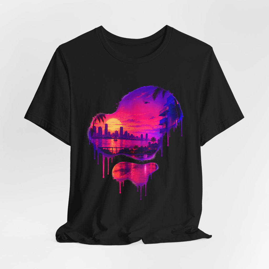 Neon Sunset Dripping Cityscape Graphic Tee.