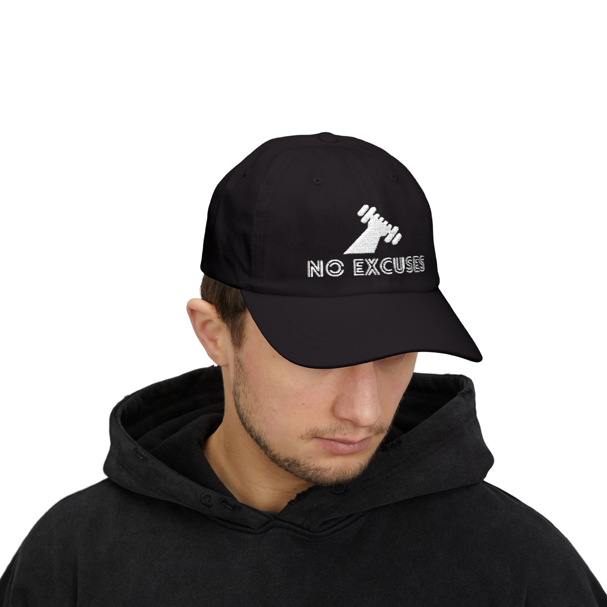 Motivational Fitness Hat with Dumbbell Graphic.