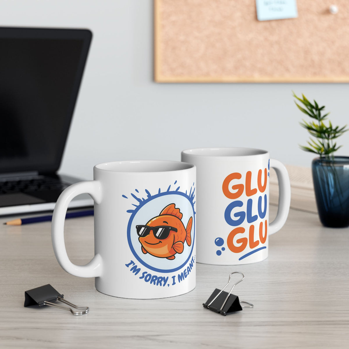 Cool Goldfish "Glu Glu Glu" Ceramic Mug (11oz, 15oz).