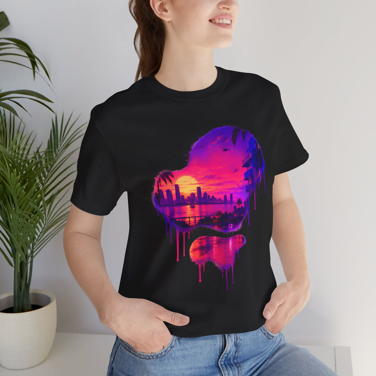 Neon Sunset Dripping Cityscape Graphic Tee.
