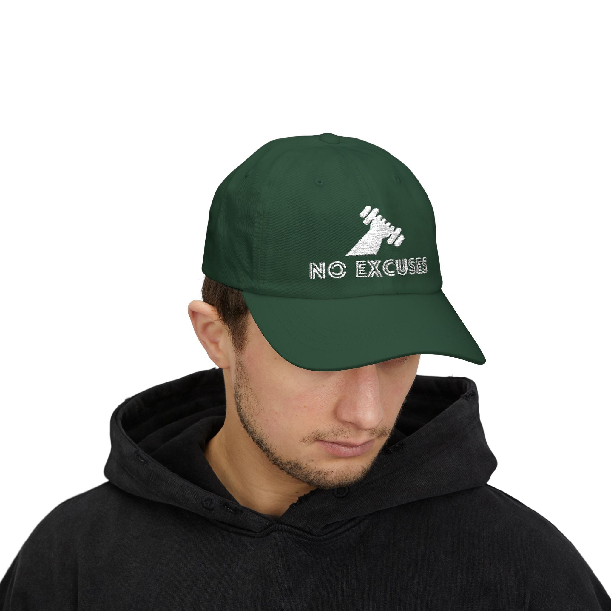 Motivational Fitness Hat with Dumbbell Graphic.