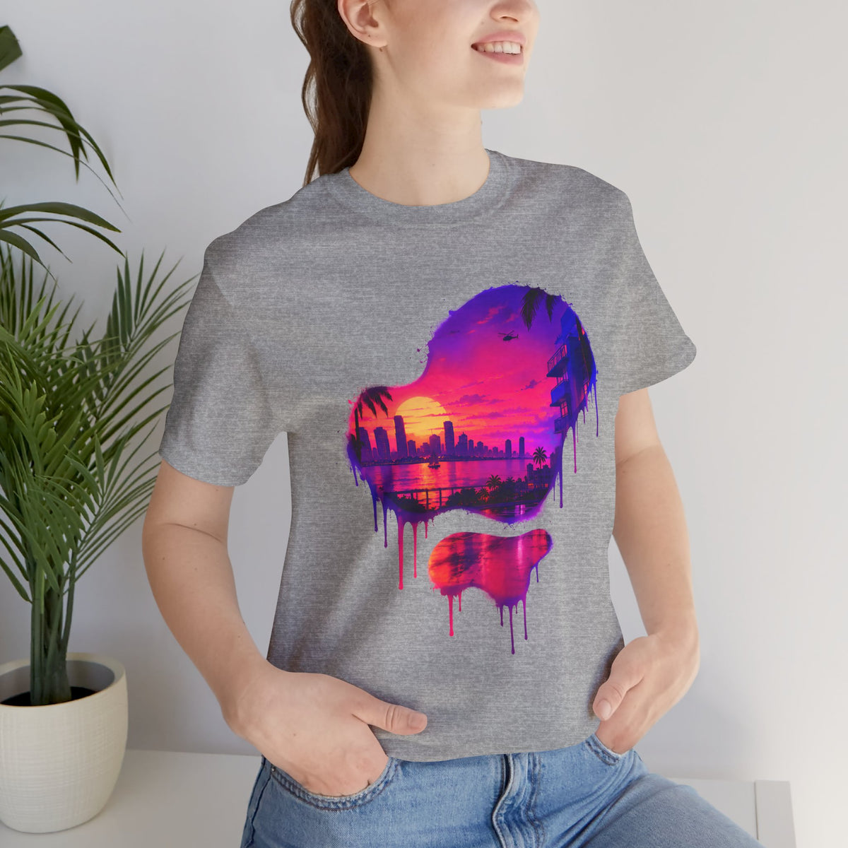 Neon Sunset Dripping Cityscape Graphic Tee.